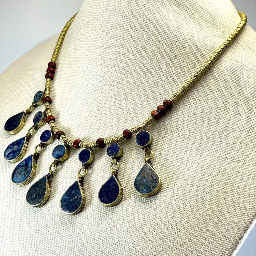 VINTAGE TRIBAL AFGAN 1970'S LAPIS LAZULI SILVER TONE NECKLACE WITH TEAR DROPS